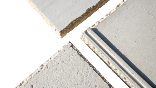 Plasterboard panels, captured on a transparent background, are arranged to form an abstract composition, highlighting their texture and edges