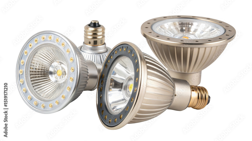 Poster Three led light bulbs are displaying different designs. Wattages. And technologies. Highlighting the evolution and variety available in energy efficient lighting solutions on a transparent background