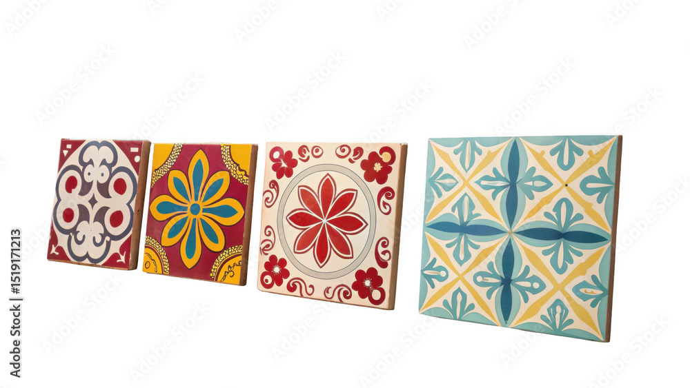 Aufkleber Four colorful talavera style ceramic tiles with different floral patterns are displayed against a transparent background, ready to be used in various design projects