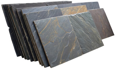 Stacked stone slate tiles featuring a variety of colors and textures, ideal for building materials or home renovation projects, set against a transparent background