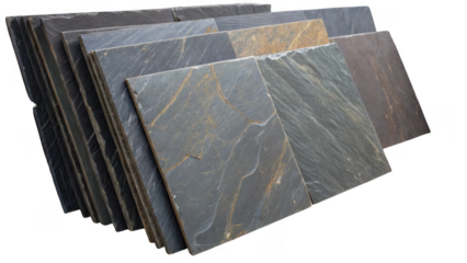 Stacked stone slate tiles featuring a variety of colors and textures, ideal for building materials or home renovation projects, set against a transparent background