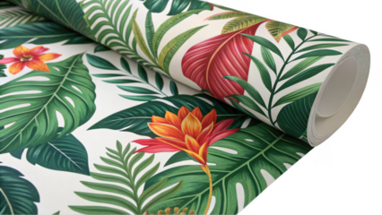 Tropical floral wallpaper roll unrolling, revealing a vibrant pattern of exotic flowers and lush green leaves on a transparent background, perfect for adding a touch of paradise to interior designs