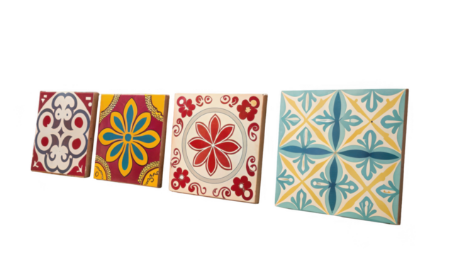 Four colorful talavera style ceramic tiles with different floral patterns are displayed against a transparent background, ready to be used in various design projects