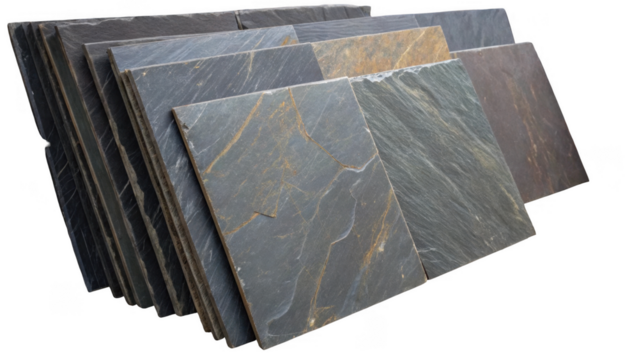 Stacked stone slate tiles featuring a variety of colors and textures, ideal for building materials or home renovation projects, set against a transparent background
