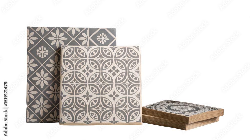 Aufkleber different types of ceramic tiles with floral and geometric patterns are displayed on wooden stands, 