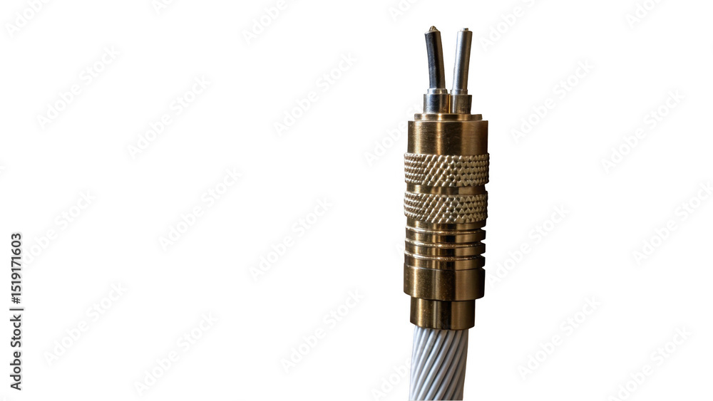 Aufkleber close up of a gold plated electrical cable connector featuring exposed wires, set against a transpar
