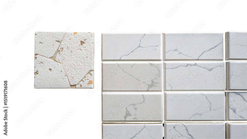 Poster top view composition highlighting the contrast between weathered, cracked tiles and new, uniform til