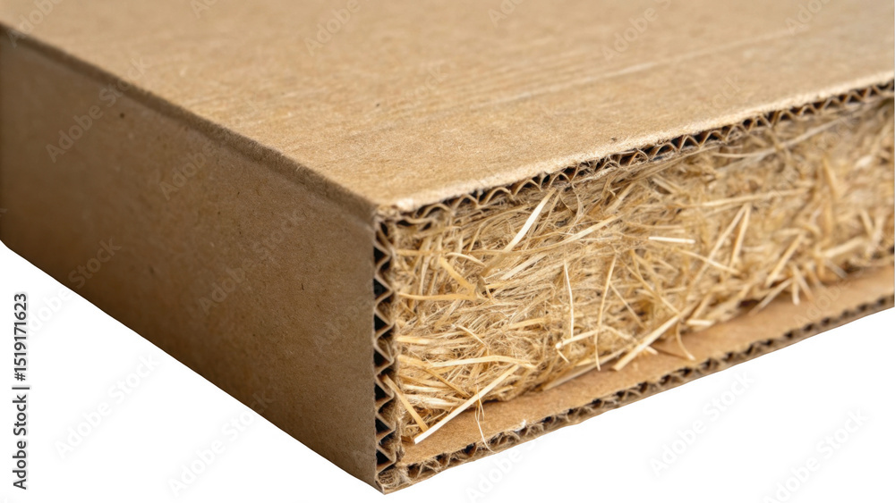 Poster close up of a cardboard panel revealing hemp wool insulation, highlighting sustainable building mate