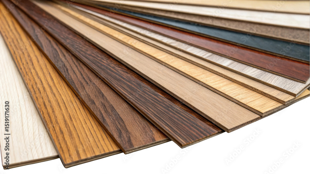Poster Displaying wood flooring samples in a fan shape with diverse colors and textures on a transparent background, enhancing visual appeal for design and renovation projects