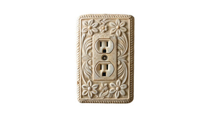 Close up of an old, ornate electrical outlet featuring a floral design, set against a transparent background, showcasing its vintage charm and intricate details