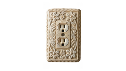 Close up of an old, ornate electrical outlet featuring a floral design, set against a transparent background, showcasing its vintage charm and intricate details
