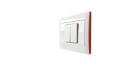 Modern white double light switch with red border is isolated on transparent background, representing control, electricity, and interior design