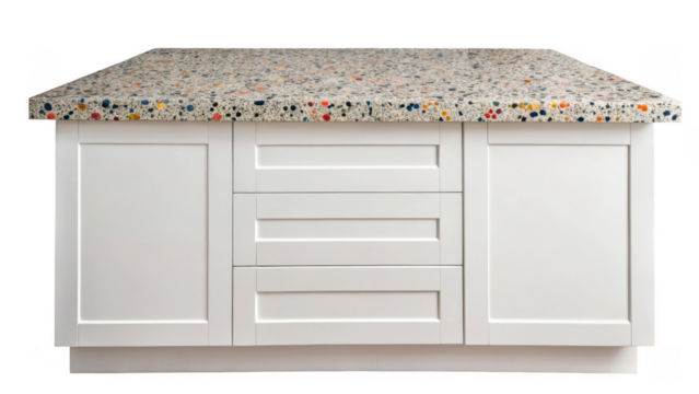 Contemporary kitchen island featuring white cabinets, three drawers, two doors, and a colorful recycled glass countertop, isolated on a transparent background, perfect for interior design projects