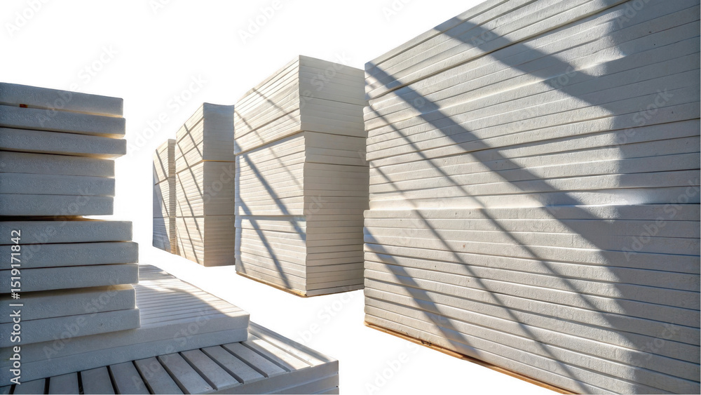 Aufkleber Stacks of polystyrene insulation boards forming a geometric pattern with sunlight and shadows, providing a versatile background for construction and insulation projects