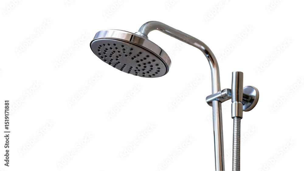 Poster chrome shower head is angled downwards, ready to provide a refreshing spray of water, set against a 