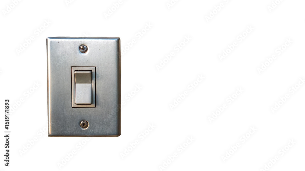 Poster Single metal light switch with white toggle in the off position is set against a transparent background, emphasizing the concept of power control and energy saving