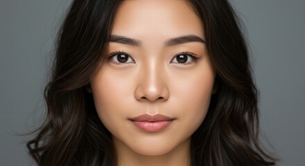 Fototapeta premium Portrait of a young woman with natural beauty and glowing skin against a neutral background showcasing calm confidence and poise