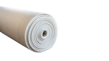Close up of a roll of thick industrial felt, showcasing its tightly wound layers and texture against a transparent background, ideal for easy integration into various design projects