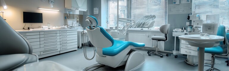 Light and modern interior design of a dental office with teal chair