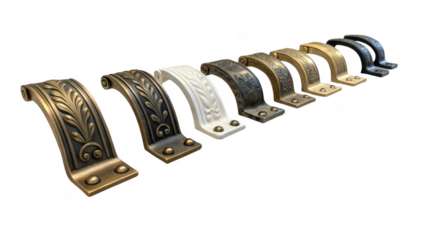 Curtain rod brackets in various metallic finishes, featuring elegant floral designs, displayed on a transparent background, enhancing interior design projects