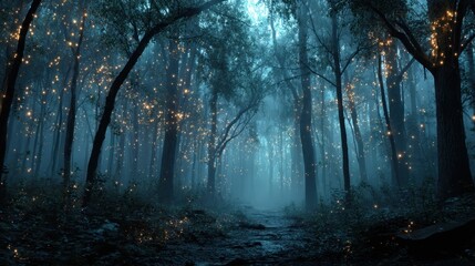 Fototapeta premium Enchanted forest: A captivating scene of ethereal lights dancing among trees