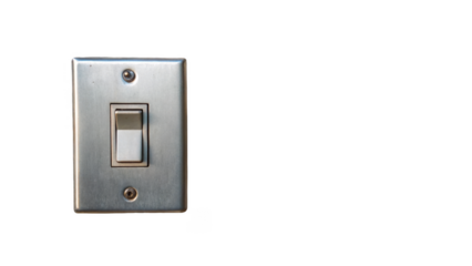 Single metal light switch with white toggle in the off position is set against a transparent background, emphasizing the concept of power control and energy saving