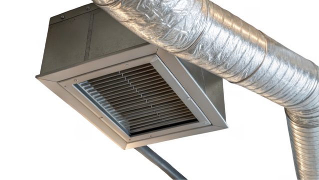 Industrial air ventilation system featuring a metal vent and ductwork. The setup is designed for efficient airflow management, showcased on a transparent background, highlighting its structure