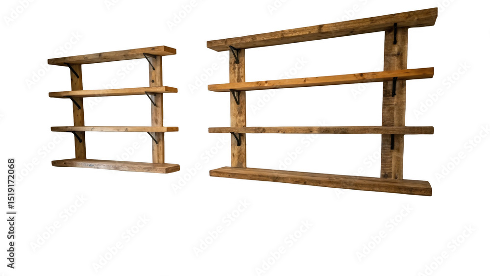 Poster Two empty wooden shelves with metal brackets are presented on a transparent background, offering versatile storage and display options for various items