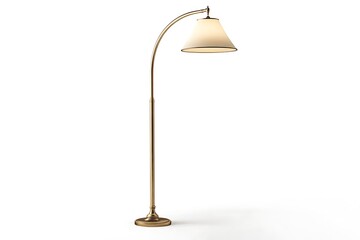An image of a brass floor lamp with a white lampshade on a plain white background in a studio setting