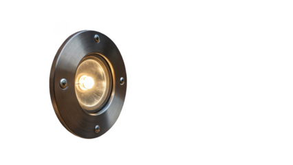 Recessed floor lamp emitting warm light, ideal for outdoor or indoor settings, featuring a sleek metallic design and a transparent background for easy integration into various projects