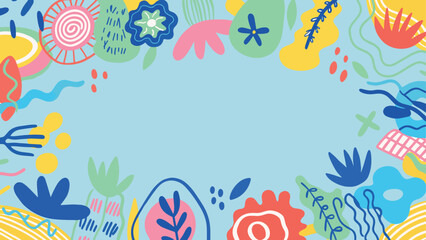 Colorful Abstract Floral and Organic Shapes Bordering Light Blue Background. Doodles
