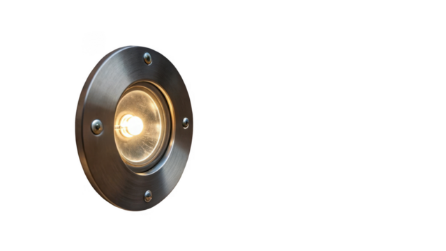 Recessed floor lamp emitting warm light, ideal for outdoor or indoor settings, featuring a sleek metallic design and a transparent background for easy integration into various projects