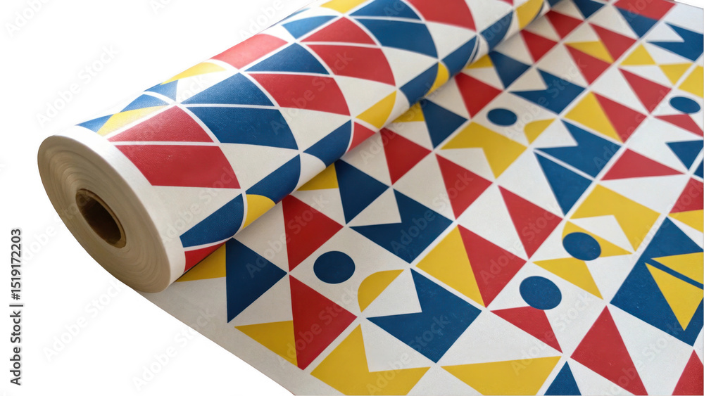 Poster Vibrant wallpaper roll featuring a colorful geometric pattern with red, blue, and yellow shapes. The design includes triangles and circles, set against a transparent background