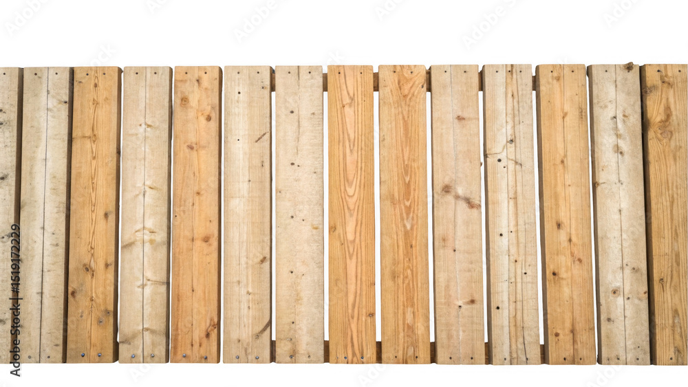 Poster Close up of vertical wooden planks creating a rustic fence, isolated on a transparent background, ideal for design projects requiring a natural or textured element