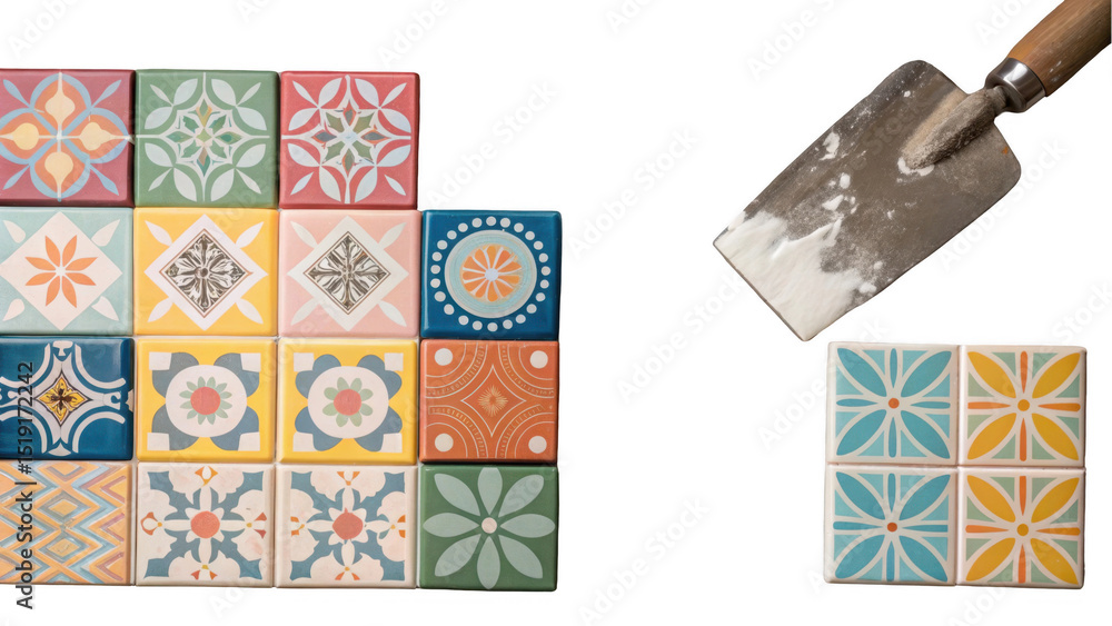 Fototapete vibrant ceramic tiles arranged in a grid with intricate patterns, accompanied by a grouting tool. a 