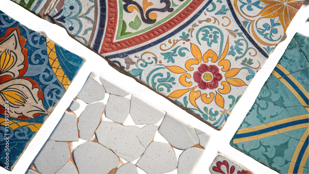 Aufkleber Different colorful mediterranean ceramic tiles with floral and geometric patterns. Including some broken pieces. Are displayed on a transparent background. Ready to be used in various design projects