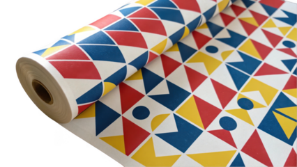 Vibrant wallpaper roll featuring a colorful geometric pattern with red, blue, and yellow shapes. The design includes triangles and circles, set against a transparent background