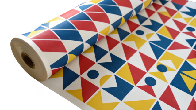 Vibrant wallpaper roll featuring a colorful geometric pattern with red, blue, and yellow shapes. The design includes triangles and circles, set against a transparent background - Powered by Adobe