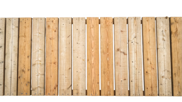 Close up of vertical wooden planks creating a rustic fence, isolated on a transparent background, ideal for design projects requiring a natural or textured element