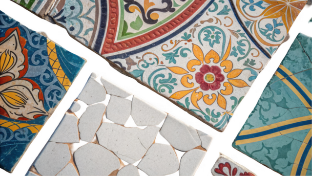 Different colorful mediterranean ceramic tiles with floral and geometric patterns. Including some broken pieces. Are displayed on a transparent background. Ready to be used in various design projects