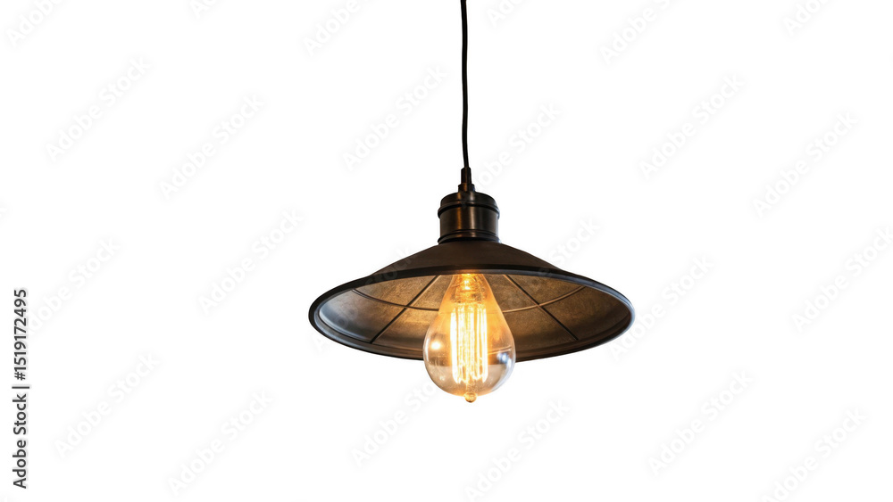 Poster vintage hanging lamp with a filament light bulb emitting a warm, inviting glow, isolated on a transp