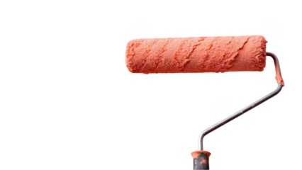 Paint roller, coated in vibrant orange paint, sits isolated on a transparent background, perfect for home renovation projects and interior decorating tasks