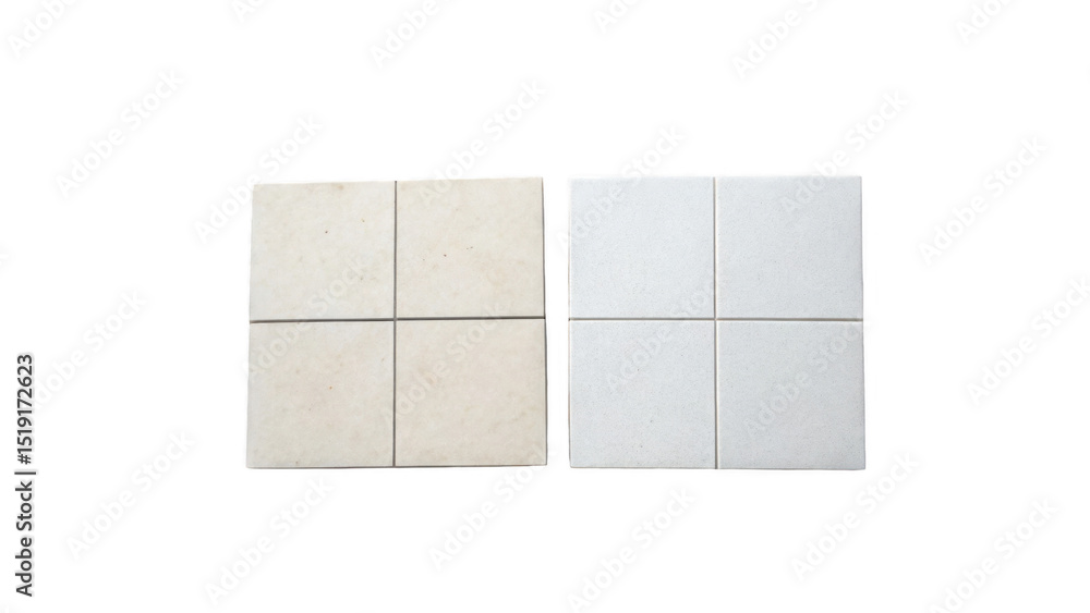 Poster four square tiles forming a bigger square are shown in two different shades, cream and white, placed