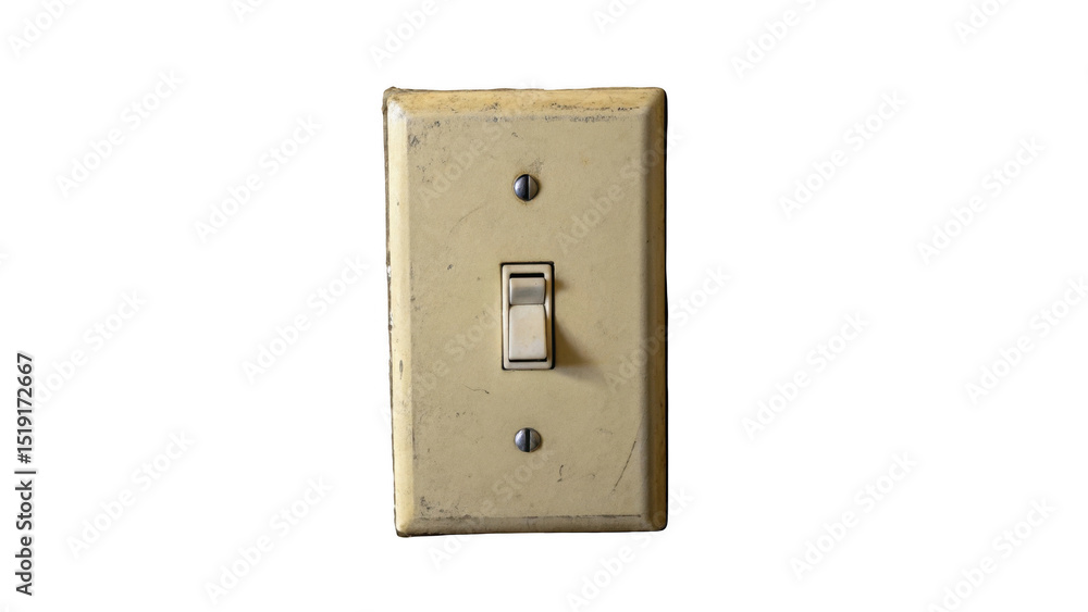 Poster Close up of an old, worn beige light switch in the on position against a transparent background, perfect for design projects needing a realistic element