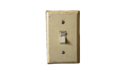 Close up of an old, worn beige light switch in the on position against a transparent background, perfect for design projects needing a realistic element