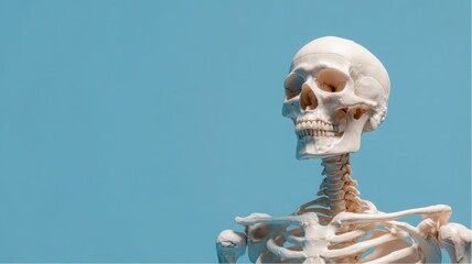 Human skeleton with skull on blue background showing skeletal system