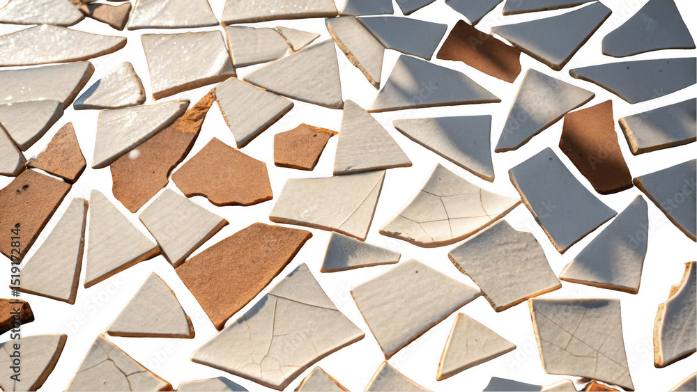 Poster White and brown ceramic fragments, broken and shattered, create an intricate mosaic pattern against a transparent backdrop, casting subtle shadows that add depth and intrigue to the composition