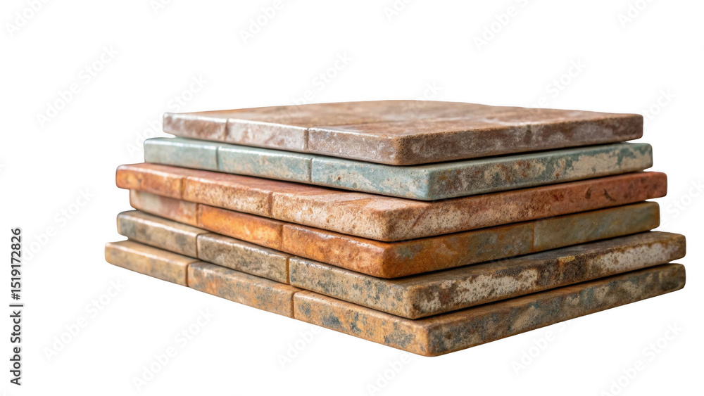 Poster different colorful ceramic tiles are stacked, showcasing a variety of textures and colors, perfect f