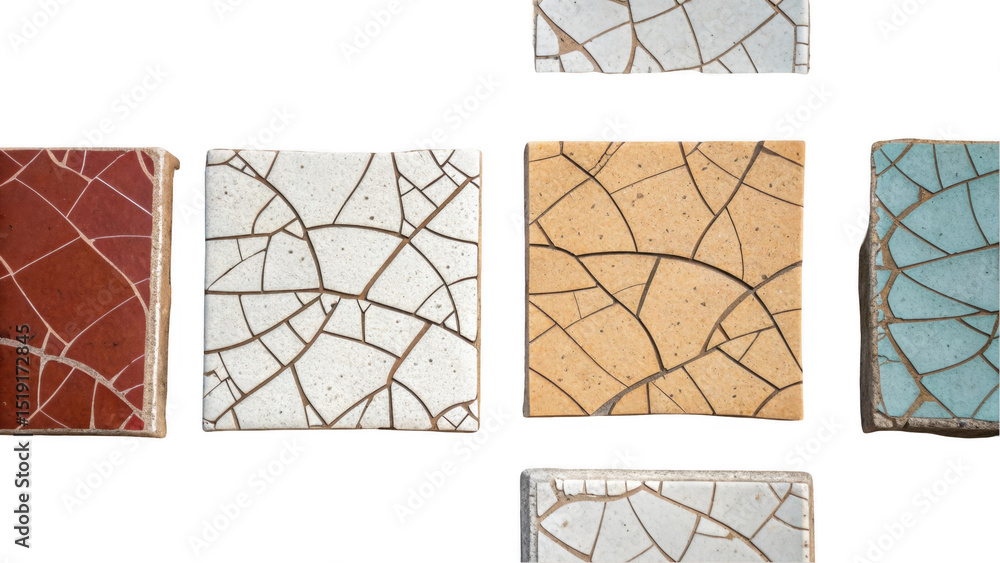 Poster Red, white, beige and light blue cracked tiles with visible texture are displayed on a transparent background, creating a visually appealing and versatile design element
