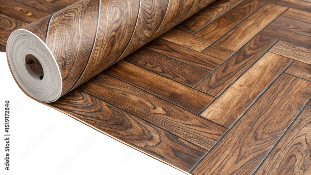 Poster linoleum roll partially unrolling, revealing a stylish parquet pattern against a transparent backgro